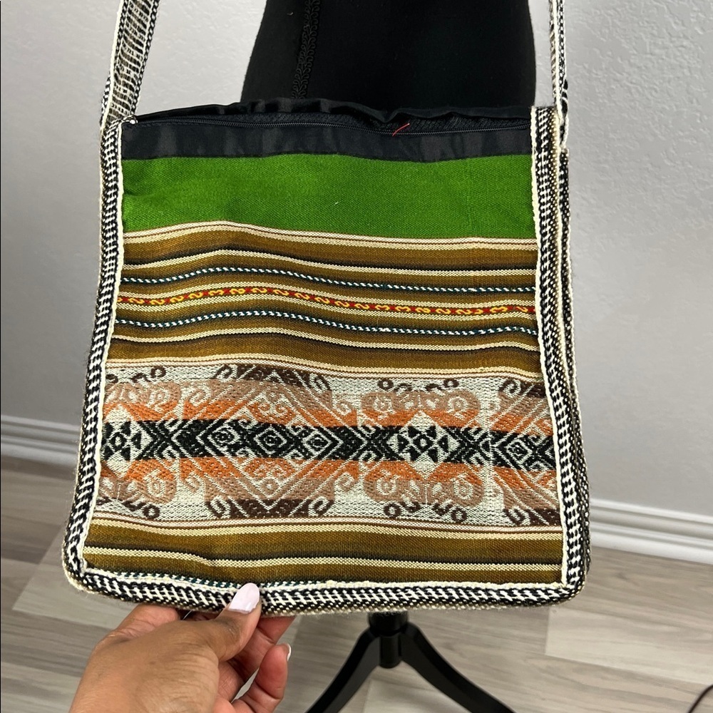 Women’s Bohemian Green Tan “Arica” Crossbody Bag Boho Casual Embroidered Chic - Picture 7 of 8
